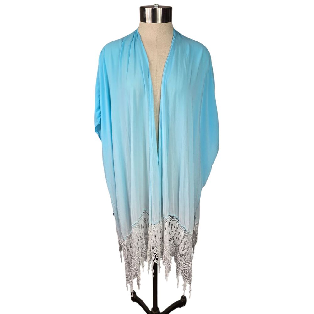 Chicos Blue Ombre Lace Trim Kimono Cardigan